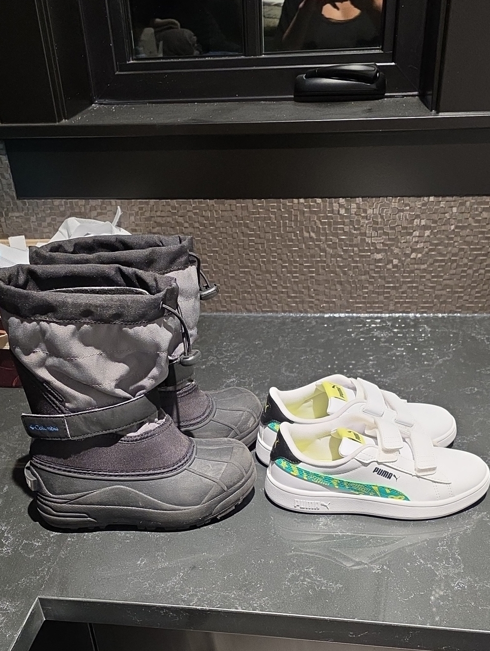 Puma White Kids Velcro Sneakers with Green & Yellow Accents And Columbia Winter